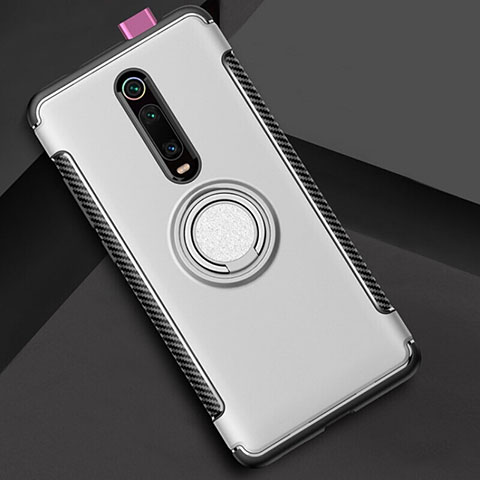 Custodia Silicone e Plastica Opaca Cover con Magnetico Anello Supporto R04 per Xiaomi Mi 9T Pro Argento