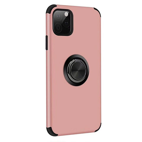 Custodia Silicone e Plastica Opaca Cover con Magnetico Anello Supporto R06 per Apple iPhone 11 Pro Max Oro Rosa