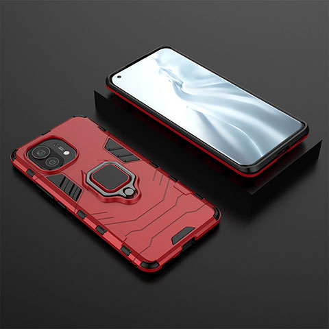 Custodia Silicone e Plastica Opaca Cover con Magnetico Anello Supporto R07 per Xiaomi Mi 11 5G Rosso