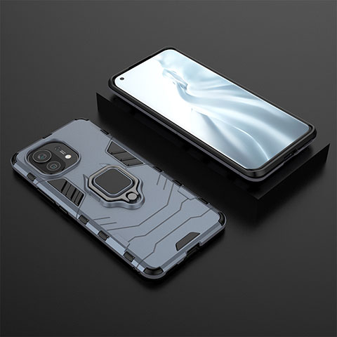 Custodia Silicone e Plastica Opaca Cover con Magnetico Anello Supporto R07 per Xiaomi Mi 11 Lite 4G Blu