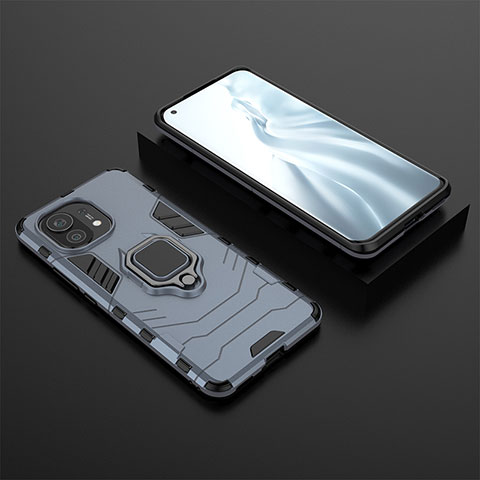 Custodia Silicone e Plastica Opaca Cover con Magnetico Anello Supporto R07 per Xiaomi Mi 11 Lite 5G NE Blu