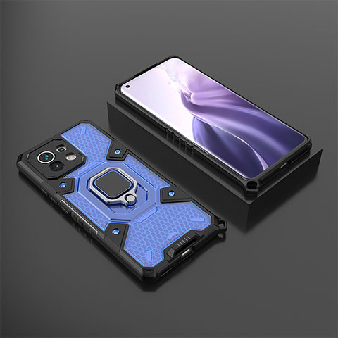 Custodia Silicone e Plastica Opaca Cover con Magnetico Anello Supporto R11 per Xiaomi Mi 11 Lite 5G Blu