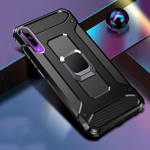 Custodia Silicone e Plastica Opaca Cover con Magnetico Anello Supporto S01 per Huawei P Smart Pro (2019) Nero