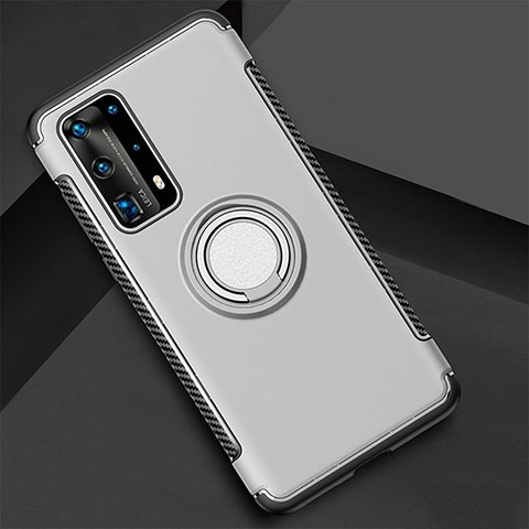 Custodia Silicone e Plastica Opaca Cover con Magnetico Anello Supporto S01 per Huawei P40 Pro+ Plus Argento