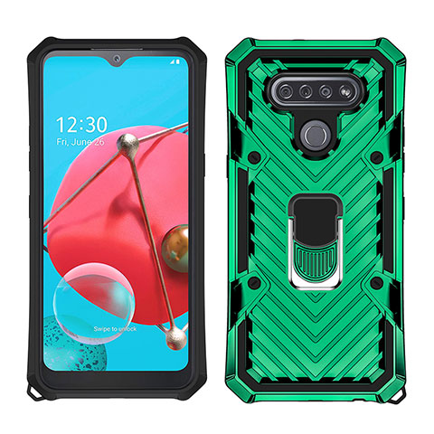 Custodia Silicone e Plastica Opaca Cover con Magnetico Anello Supporto S01 per LG K51 Verde