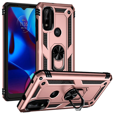 Custodia Silicone e Plastica Opaca Cover con Magnetico Anello Supporto S01 per Motorola Moto G Pure Oro Rosa