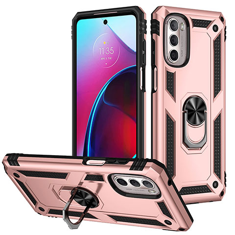 Custodia Silicone e Plastica Opaca Cover con Magnetico Anello Supporto S01 per Motorola Moto G Stylus (2022) 5G Oro Rosa