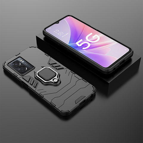 Custodia Silicone e Plastica Opaca Cover con Magnetico Anello Supporto S01 per Oppo A56S 5G Nero