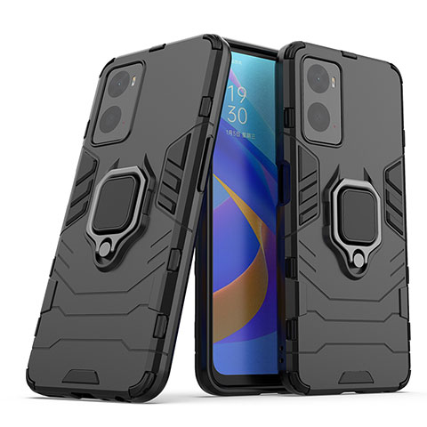 Custodia Silicone e Plastica Opaca Cover con Magnetico Anello Supporto S01 per Oppo A96 4G Nero