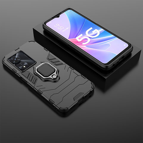 Custodia Silicone e Plastica Opaca Cover con Magnetico Anello Supporto S01 per Oppo A98 5G Nero