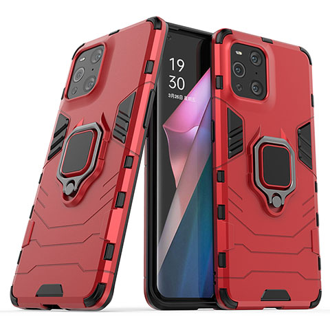 Custodia Silicone e Plastica Opaca Cover con Magnetico Anello Supporto S01 per Oppo Find X3 5G Rosso