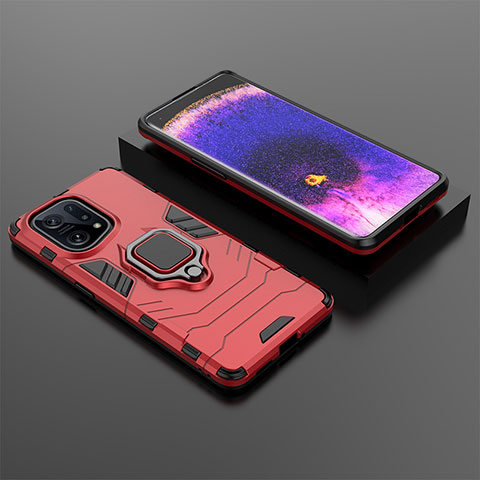 Custodia Silicone e Plastica Opaca Cover con Magnetico Anello Supporto S01 per Oppo Find X5 5G Rosso