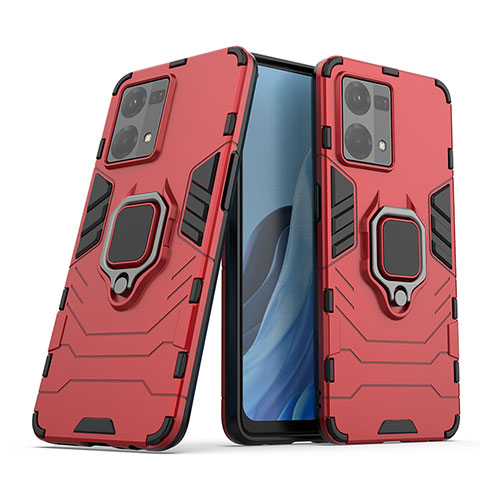 Custodia Silicone e Plastica Opaca Cover con Magnetico Anello Supporto S01 per Oppo Reno7 4G Rosso