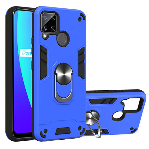 Custodia Silicone e Plastica Opaca Cover con Magnetico Anello Supporto S01 per Realme C15 Blu