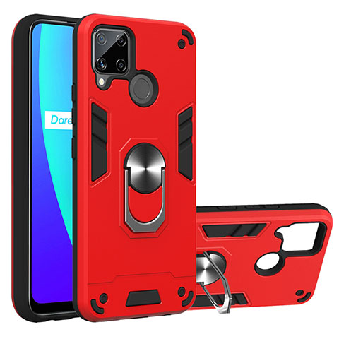 Custodia Silicone e Plastica Opaca Cover con Magnetico Anello Supporto S01 per Realme C15 Rosso