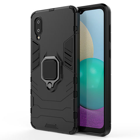 Custodia Silicone e Plastica Opaca Cover con Magnetico Anello Supporto S01 per Samsung Galaxy A02 Nero