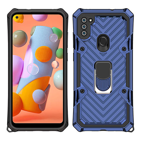 Custodia Silicone e Plastica Opaca Cover con Magnetico Anello Supporto S01 per Samsung Galaxy A11 Blu