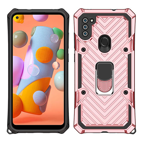 Custodia Silicone e Plastica Opaca Cover con Magnetico Anello Supporto S01 per Samsung Galaxy A11 Oro Rosa