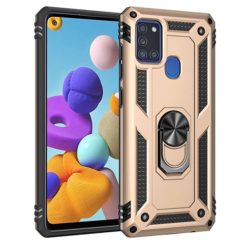 Custodia Silicone e Plastica Opaca Cover con Magnetico Anello Supporto S01 per Samsung Galaxy A21s Oro