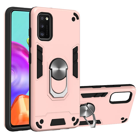 Custodia Silicone e Plastica Opaca Cover con Magnetico Anello Supporto S01 per Samsung Galaxy A41 Oro Rosa