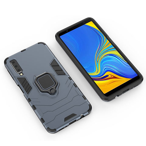 Custodia Silicone e Plastica Opaca Cover con Magnetico Anello Supporto S01 per Samsung Galaxy A7 (2018) A750 Blu