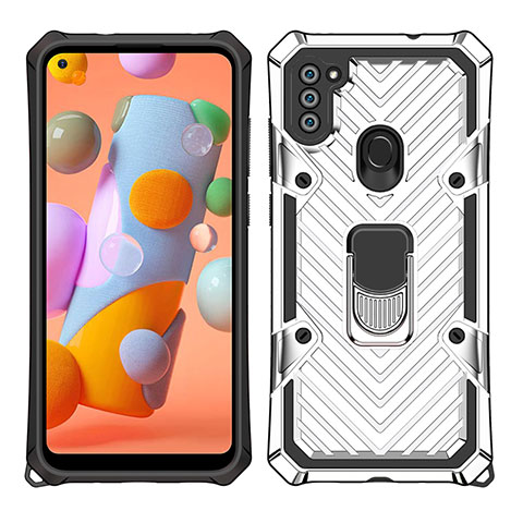 Custodia Silicone e Plastica Opaca Cover con Magnetico Anello Supporto S01 per Samsung Galaxy M11 Argento