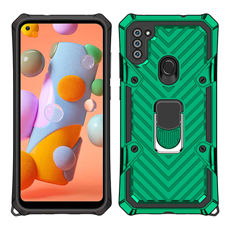 Custodia Silicone e Plastica Opaca Cover con Magnetico Anello Supporto S01 per Samsung Galaxy M11 Verde