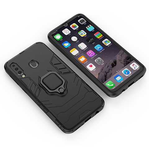 Custodia Silicone e Plastica Opaca Cover con Magnetico Anello Supporto S01 per Samsung Galaxy M30 Nero