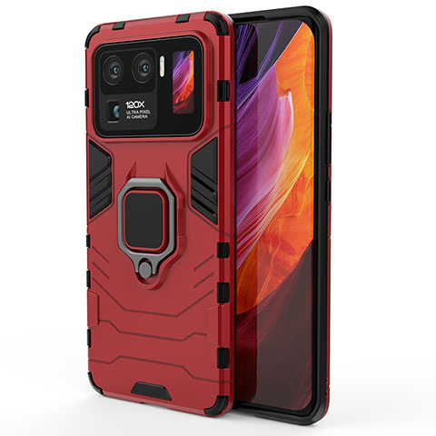 Custodia Silicone e Plastica Opaca Cover con Magnetico Anello Supporto S01 per Xiaomi Mi 11 Ultra 5G Rosso