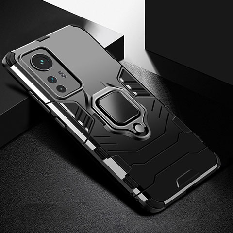 Custodia Silicone e Plastica Opaca Cover con Magnetico Anello Supporto S01 per Xiaomi Mi 12X 5G Nero