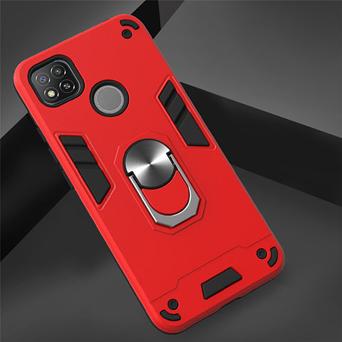 Custodia Silicone e Plastica Opaca Cover con Magnetico Anello Supporto S01 per Xiaomi Redmi 9 India Rosso