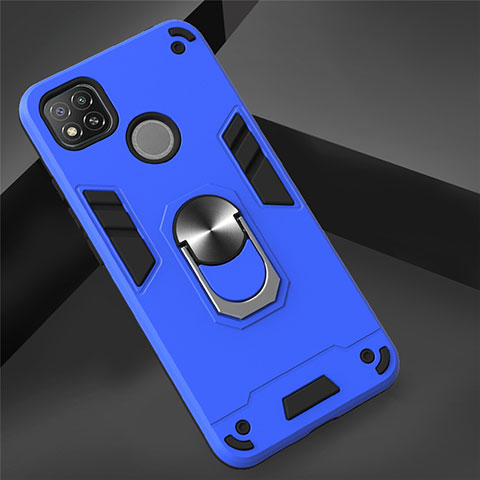 Custodia Silicone e Plastica Opaca Cover con Magnetico Anello Supporto S01 per Xiaomi Redmi 9C NFC Blu