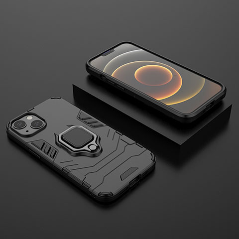 Custodia Silicone e Plastica Opaca Cover con Magnetico Anello Supporto S02 per Apple iPhone 14 Plus Nero