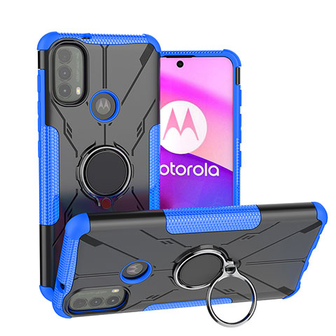 Custodia Silicone e Plastica Opaca Cover con Magnetico Anello Supporto S02 per Motorola Moto E20 Blu