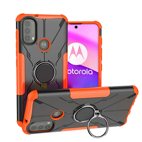 Custodia Silicone e Plastica Opaca Cover con Magnetico Anello Supporto S02 per Motorola Moto E30 Arancione