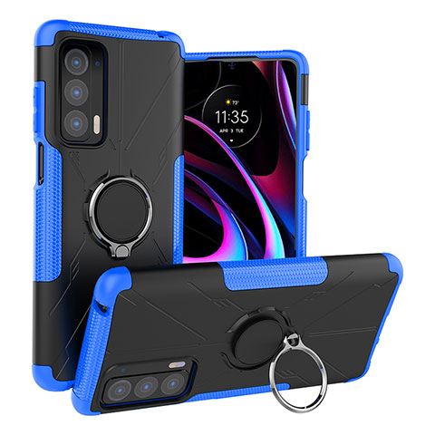 Custodia Silicone e Plastica Opaca Cover con Magnetico Anello Supporto S02 per Motorola Moto Edge (2021) 5G Blu