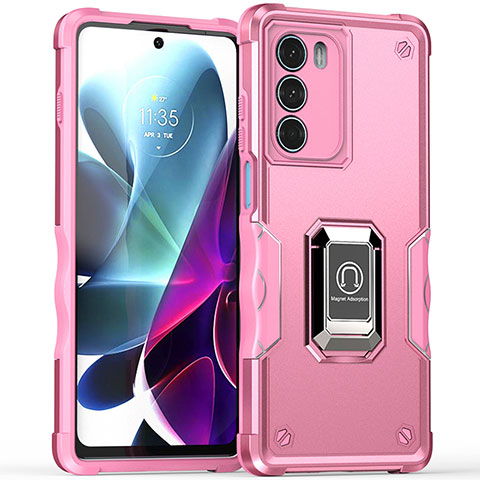 Custodia Silicone e Plastica Opaca Cover con Magnetico Anello Supporto S02 per Motorola Moto G200 5G Rosa Caldo