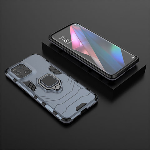 Custodia Silicone e Plastica Opaca Cover con Magnetico Anello Supporto S02 per Oppo Find X3 Pro 5G Blu