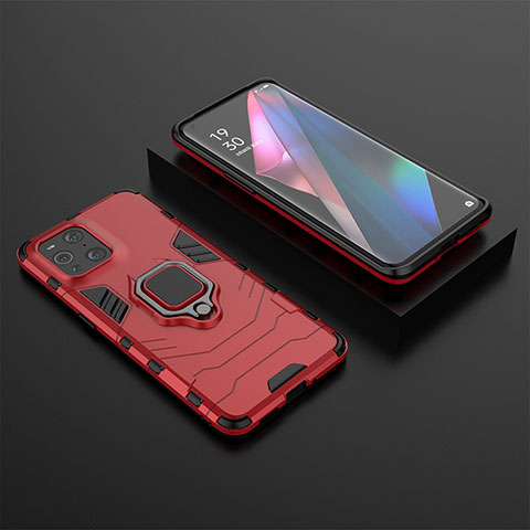 Custodia Silicone e Plastica Opaca Cover con Magnetico Anello Supporto S02 per Oppo Find X3 Pro 5G Rosso