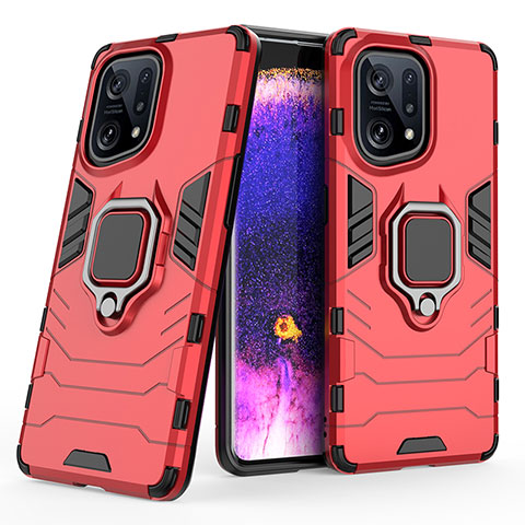 Custodia Silicone e Plastica Opaca Cover con Magnetico Anello Supporto S02 per Oppo Find X5 5G Rosso