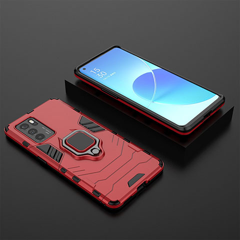 Custodia Silicone e Plastica Opaca Cover con Magnetico Anello Supporto S02 per Oppo Reno6 Pro 5G India Rosso