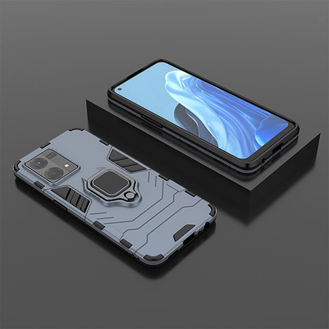 Custodia Silicone e Plastica Opaca Cover con Magnetico Anello Supporto S02 per Oppo Reno7 4G Blu