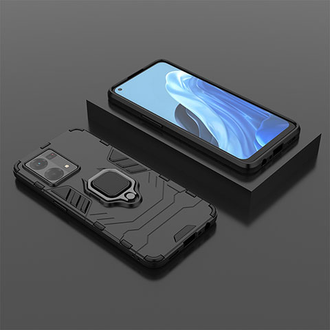 Custodia Silicone e Plastica Opaca Cover con Magnetico Anello Supporto S02 per Oppo Reno8 4G Nero