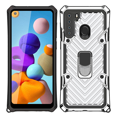 Custodia Silicone e Plastica Opaca Cover con Magnetico Anello Supporto S02 per Samsung Galaxy A21 Argento