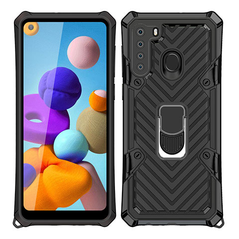 Custodia Silicone e Plastica Opaca Cover con Magnetico Anello Supporto S02 per Samsung Galaxy A21 Nero