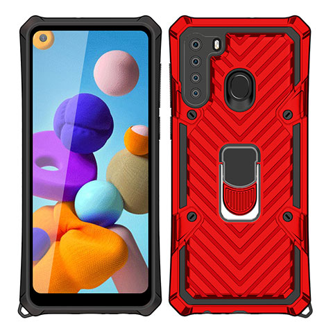 Custodia Silicone e Plastica Opaca Cover con Magnetico Anello Supporto S02 per Samsung Galaxy A21 Rosso