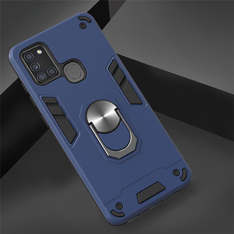 Custodia Silicone e Plastica Opaca Cover con Magnetico Anello Supporto S02 per Samsung Galaxy A21s Blu