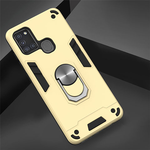 Custodia Silicone e Plastica Opaca Cover con Magnetico Anello Supporto S02 per Samsung Galaxy A21s Oro