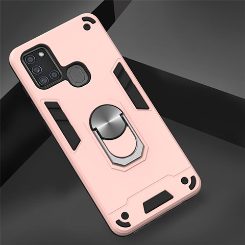 Custodia Silicone e Plastica Opaca Cover con Magnetico Anello Supporto S02 per Samsung Galaxy A21s Oro Rosa