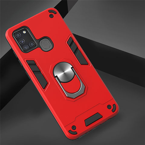 Custodia Silicone e Plastica Opaca Cover con Magnetico Anello Supporto S02 per Samsung Galaxy A21s Rosso